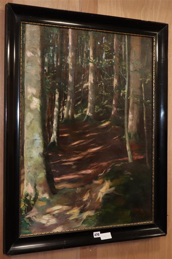 Attributed to Lynton Lamb (1907-1977) woodland scene, signed on the back, Lamb, dated 51